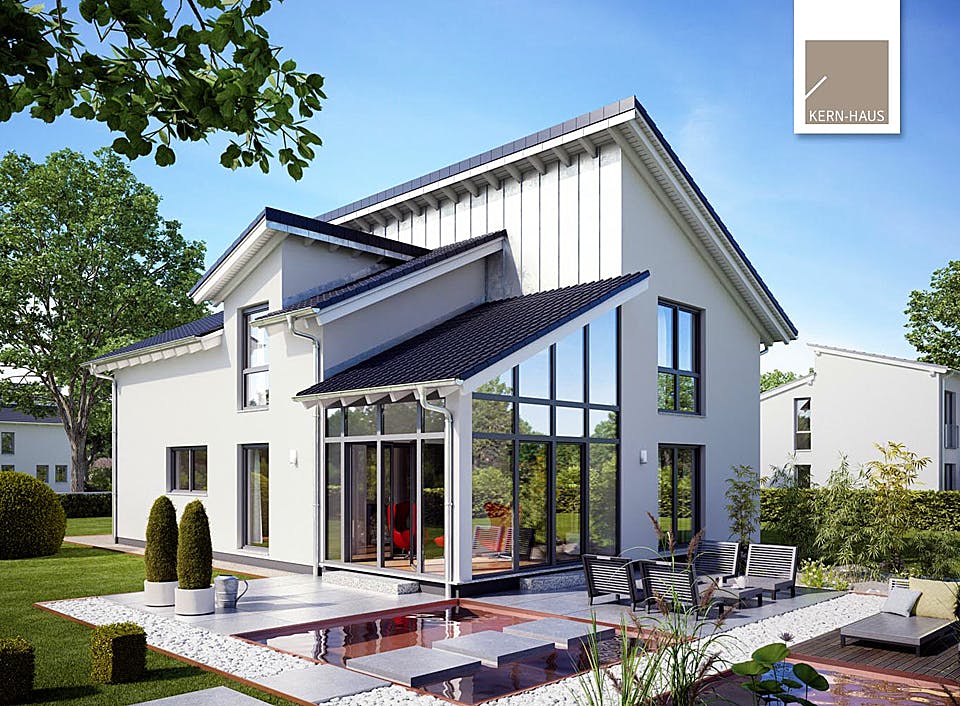 Massivhaus Familienhaus Akzent von Kern-Haus Schlüsselfertig ab 556900€, Pultdachhaus Außenansicht 2