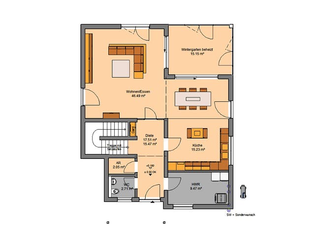 Massivhaus Familienhaus Akzent von Kern-Haus Schlüsselfertig ab 525900€, Pultdachhaus Grundriss 1