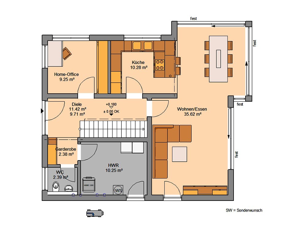 Massivhaus Familienhaus Allea von Kern-Haus Schlüsselfertig ab 458900€, Satteldach-Klassiker Grundriss 1