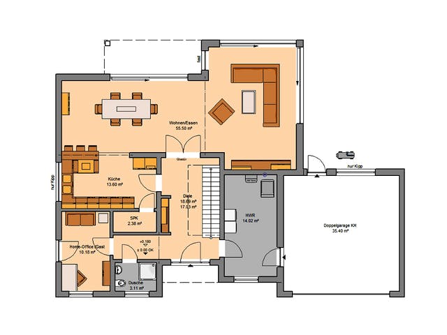 Massivhaus Bauhaus Anteo von Kern-Haus Schlüsselfertig ab 735900€, Cubushaus Grundriss 1