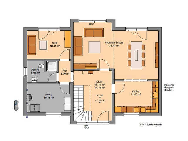 Massivhaus Familienhaus Auro von Kern-Haus Schlüsselfertig ab 454900€, Satteldach-Klassiker Grundriss 1