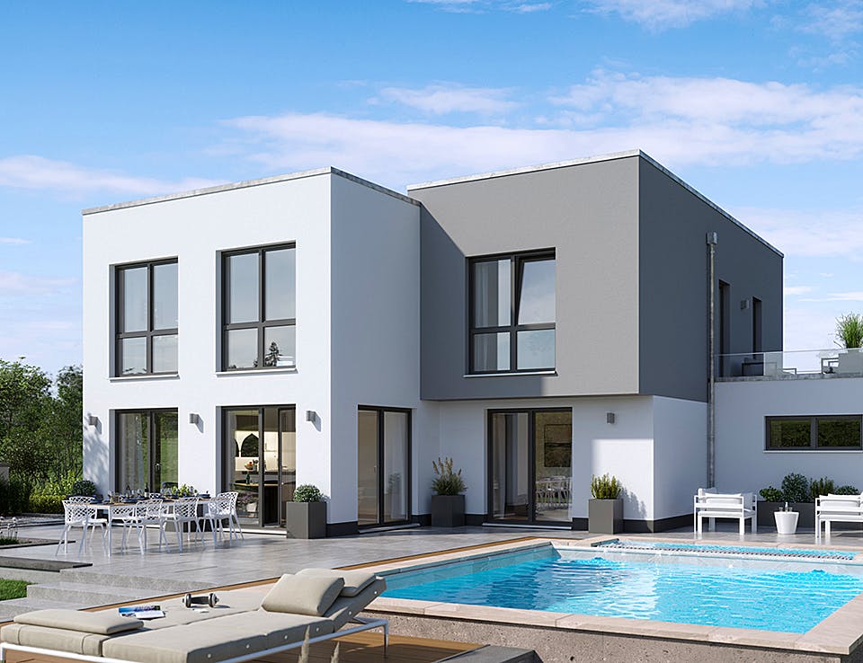 Massivhaus Bauhaus Cono von Kern-Haus Schlüsselfertig ab 694900€, Cubushaus Außenansicht 1