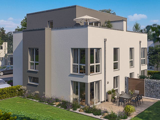 Massivhaus Doppelhaus Forneo von Kern-Haus Schlüsselfertig ab 518900€, Cubushaus Außenansicht 1 Massivhaus Doppelhaus Forneo von Kern-Haus Schlüsselfertig ab 518900€, Cubushaus Außenansicht 1