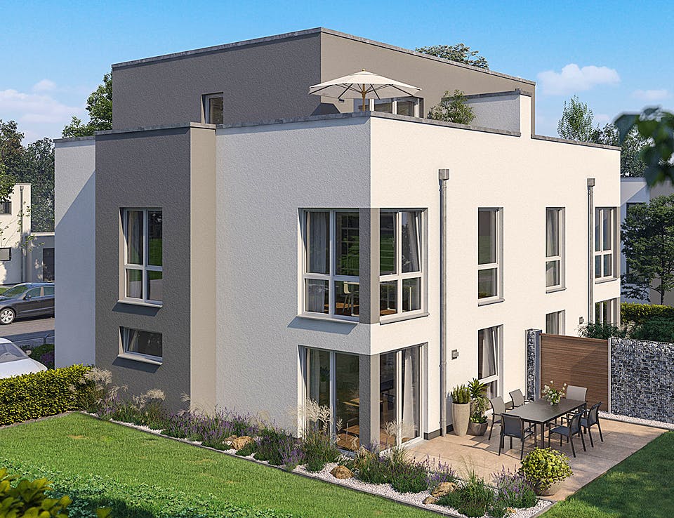 Massivhaus Doppelhaus Forneo von Kern-Haus Schlüsselfertig ab 502900€, Cubushaus Außenansicht 1