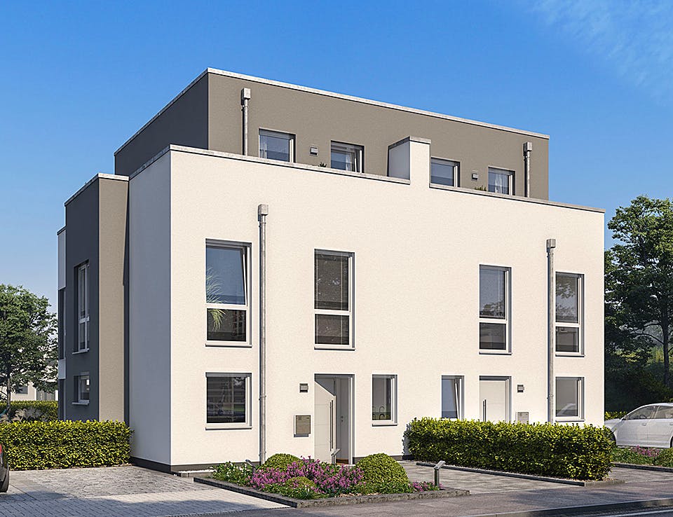 Massivhaus Doppelhaus Forneo von Kern-Haus Schlüsselfertig ab 502900€, Cubushaus Außenansicht 2