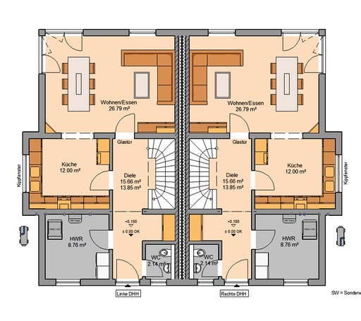 Massivhaus Doppelhaus Forneo von Kern-Haus Schlüsselfertig ab 502900€, Cubushaus Grundriss 1