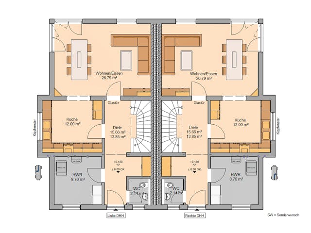 Massivhaus Doppelhaus Forneo von Kern-Haus Schlüsselfertig ab 518900€, Cubushaus Grundriss 1
