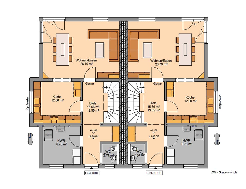 Massivhaus Doppelhaus Forneo von Kern-Haus Schlüsselfertig ab 502900€, Cubushaus Grundriss 1