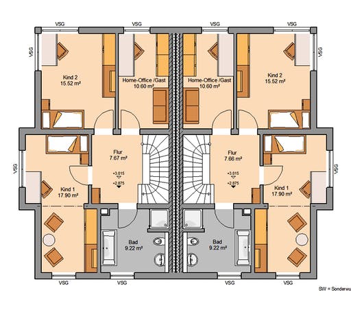 Massivhaus Doppelhaus Forneo von Kern-Haus Schlüsselfertig ab 502900€, Cubushaus Grundriss 2