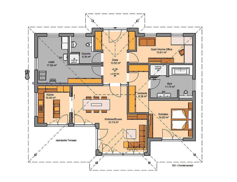 Massivhaus Bungalow Kalea von Kern-Haus Schlüsselfertig ab 473900€, Bungalow Grundriss 1
