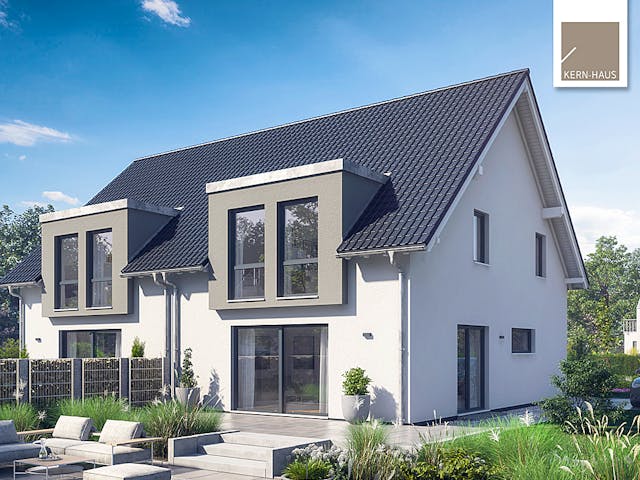 Fertighaus Doppelhaus Viseo von Kern-Haus Schlüsselfertig ab 388900€, Satteldach-Klassiker Außenansicht 1