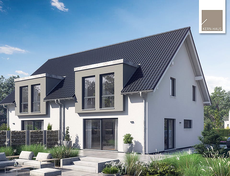 Fertighaus Doppelhaus Viseo von Kern-Haus Schlüsselfertig ab 447900€, Satteldach-Klassiker Außenansicht 1