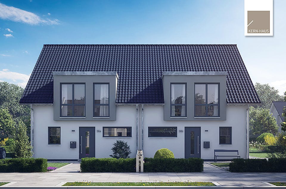 Fertighaus Doppelhaus Viseo von Kern-Haus Schlüsselfertig ab 447900€, Satteldach-Klassiker Außenansicht 2