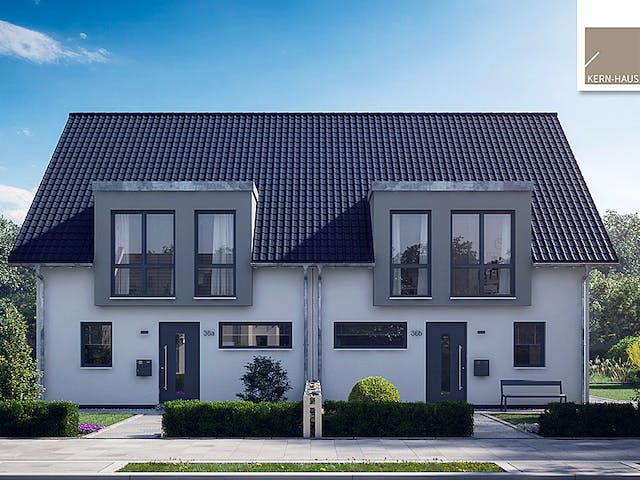 Fertighaus Doppelhaus Viseo von Kern-Haus Schlüsselfertig ab 404900€, Satteldach-Klassiker Außenansicht 2