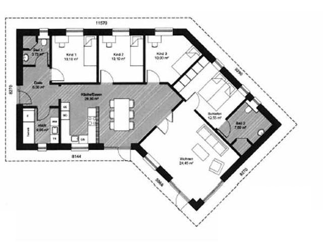 Massivhaus Bungalow mit Knick von HausCompagnie Schlüsselfertig ab 196000€, Bungalow Grundriss 1