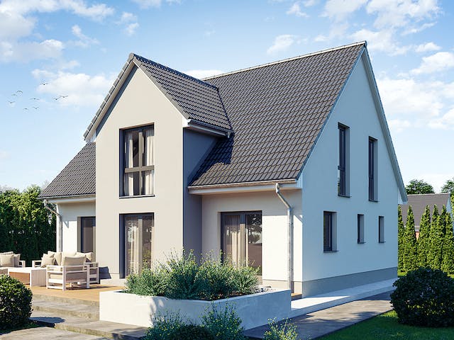 Massivhaus KLASSIK 2710 von KONZEPTHAUS Schlüsselfertig ab 355300€, Satteldach-Klassiker Außenansicht 1