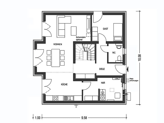 Massivhaus KLASSIK 2710 von KONZEPTHAUS Schlüsselfertig ab 355300€, Satteldach-Klassiker Grundriss 1