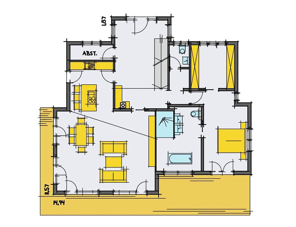 Fertighaus Breitinger von Korte Holzbau, Pultdachhaus Grundriss 1