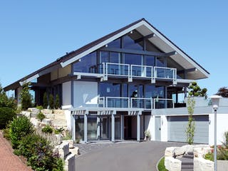 Fertighaus Kundenhaus Rosenberg von DAVINCI HAUS, Fachwerk Außenansicht 1