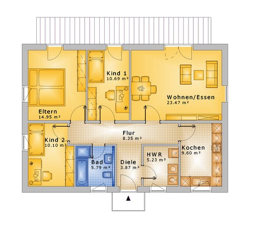 Fertighaus Haus 104 - Var. 001 von Langstein Immobilien Ausbauhaus ab 124295€, Bungalow Grundriss 1
