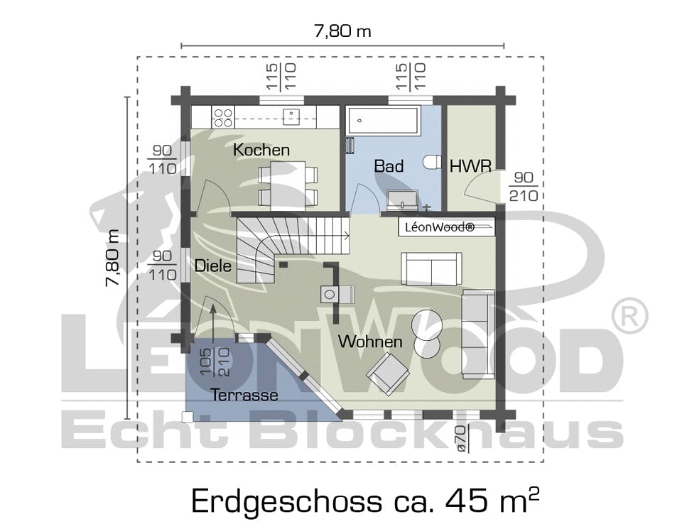 Blockhaus Adria von LéonWood Holz-Blockhaus Bausatzhaus ab 133270€, Blockhaus Grundriss 1