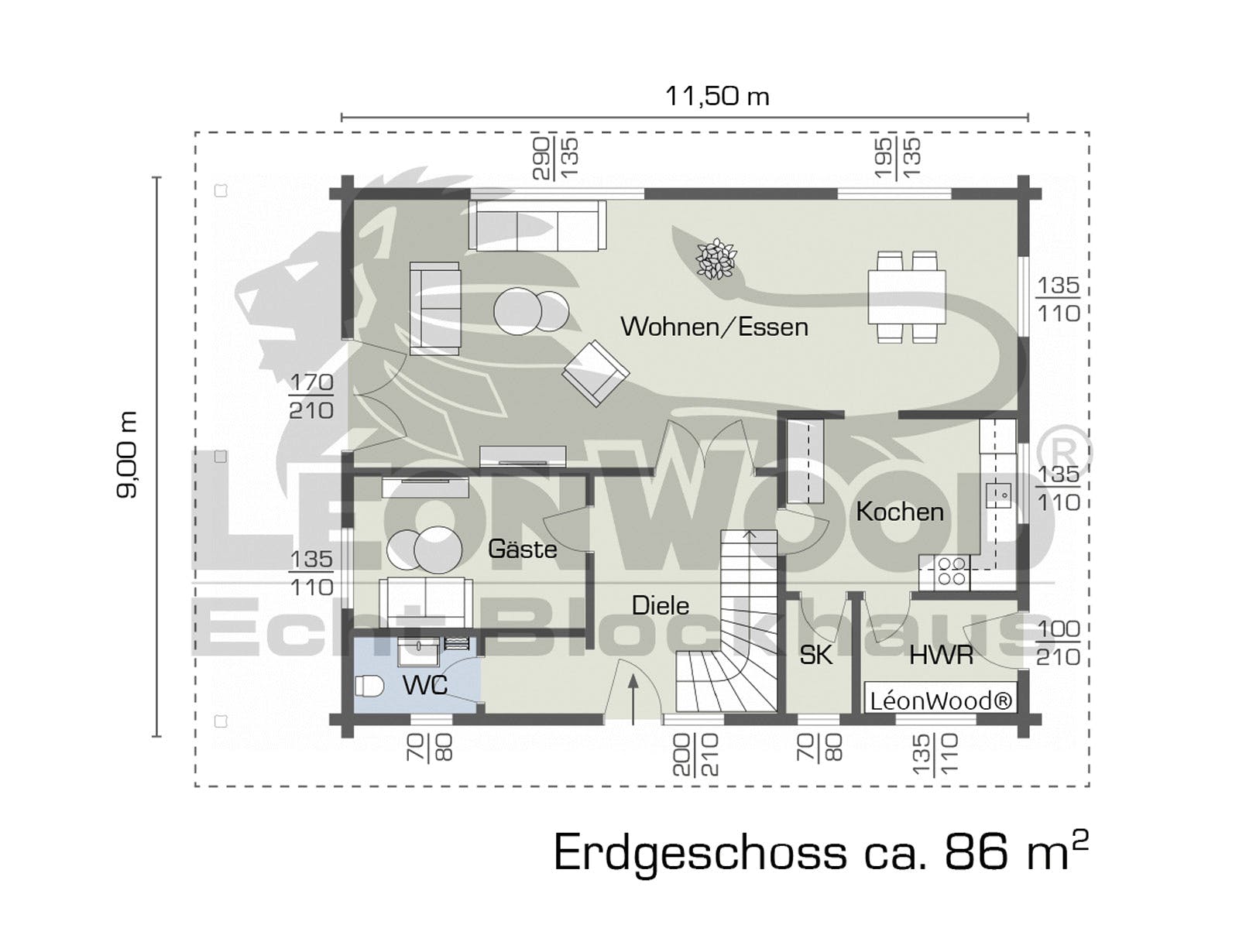 Blockhaus Classic 150 von LéonWood® Holz-Blockhaus Bausatzhaus ab 156365€, Blockhaus Grundriss 1