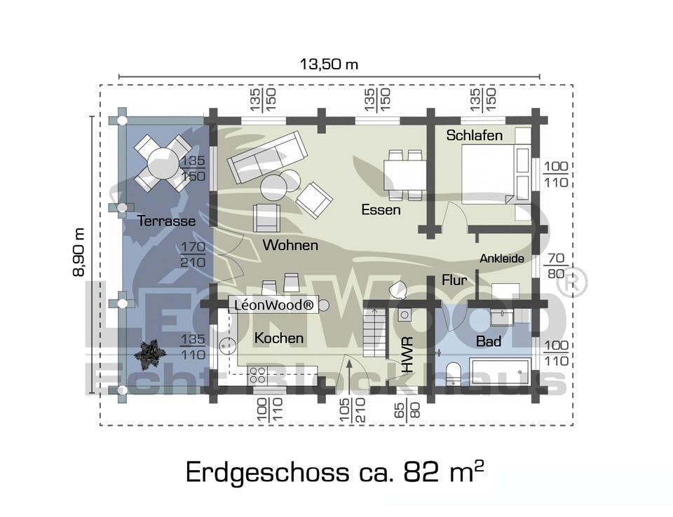 Blockhaus Elch von LéonWood® Holz-Blockhaus Bausatzhaus ab 114900€, Blockhaus Grundriss 1