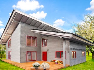 Blockhaus Falcon Grey von LéonWood® Holz-Blockhaus Bausatzhaus ab 193293€, Blockhaus Außenansicht 1