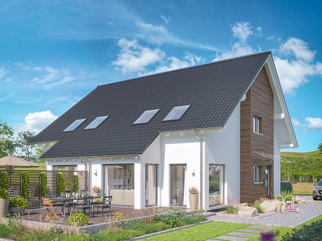 Fertighaus SOLUTION 125 L V2 von Living Fertighaus Schlüsselfertig ab 352015€, Satteldach-Klassiker Außenansicht 1