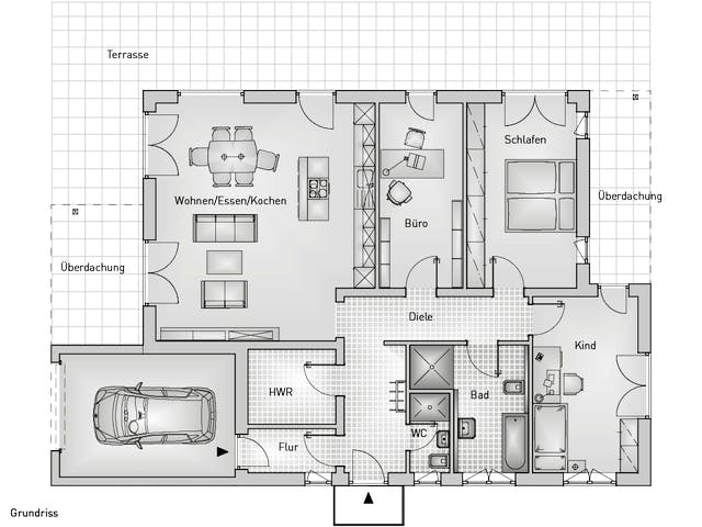 Massivhaus Lifestyle 44.3 von hebelHAUS Schlüsselfertig ab 330000€, Bungalow Grundriss 1