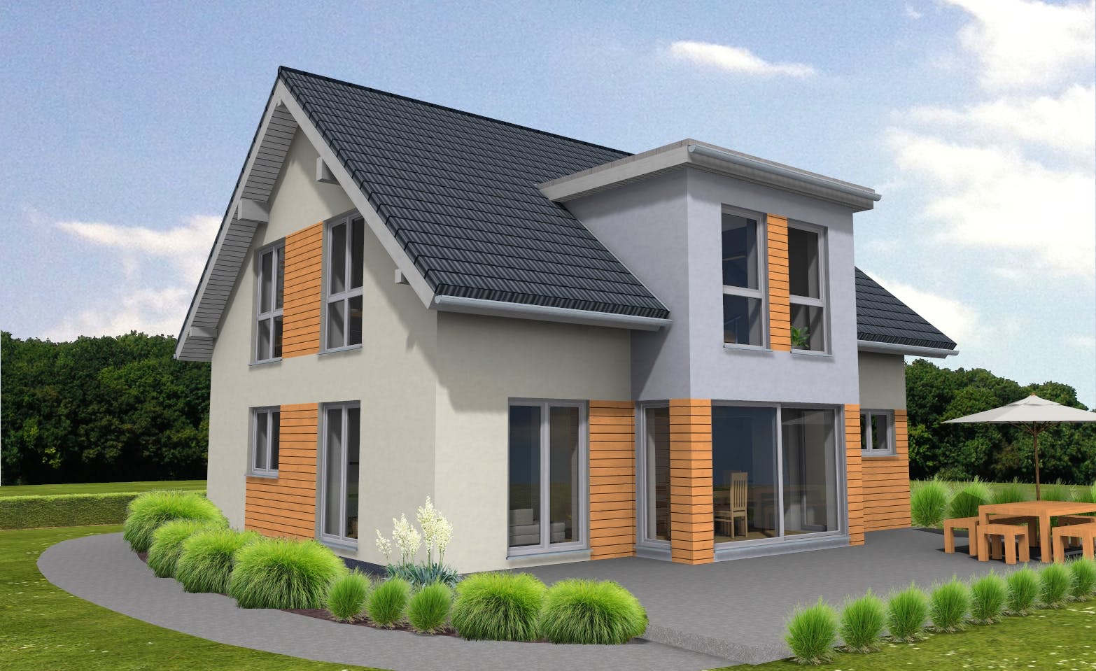 Fertighaus Lifestyle 156 von Suckfüll Energiesparhaus Schlüsselfertig ab 384945€, Satteldach-Klassiker Außenansicht 1