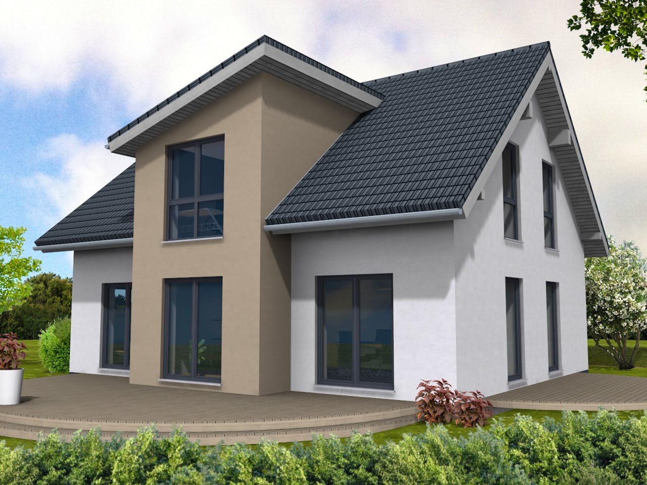 Fertighaus Lifestyle 157 von Suckfüll Energiesparhaus Schlüsselfertig ab 419963€, Satteldach-Klassiker Außenansicht 1