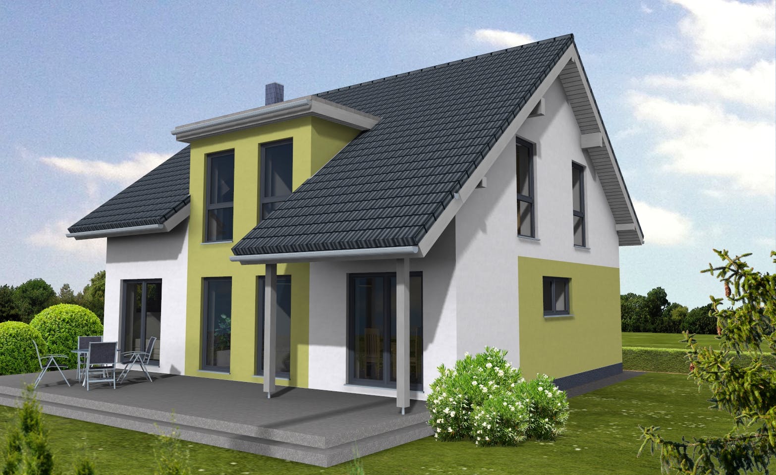 Fertighaus Lifestyle 163 von Suckfüll Energiesparhaus Schlüsselfertig ab 373773€, Satteldach-Klassiker Außenansicht 1