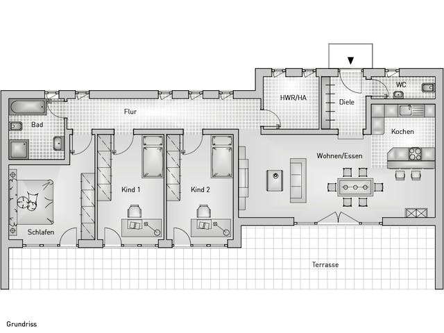 Massivhaus Lifestyle 44.1 von hebelHAUS Schlüsselfertig ab 305000€, Bungalow Grundriss 1