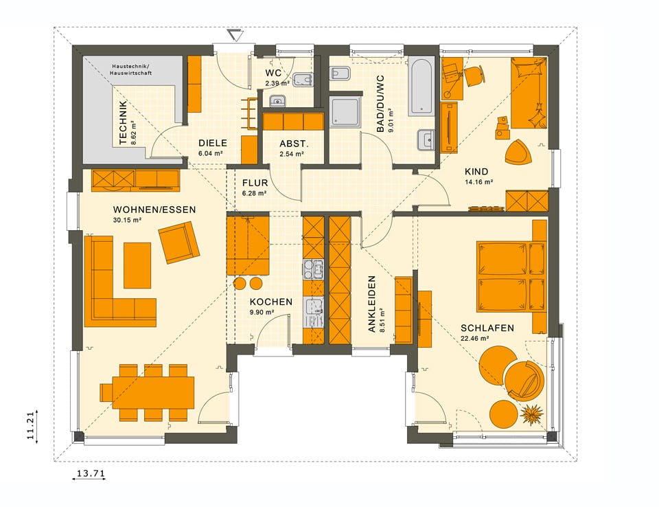 Fertighaus SOLUTION 101 V3 von Living Fertighaus Ausbauhaus ab 299233€, Bungalow Grundriss 1