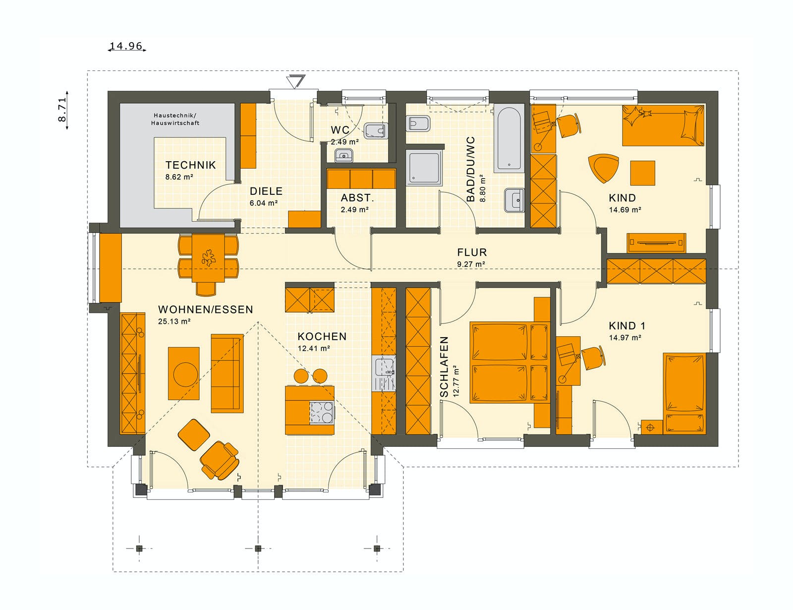 Fertighaus SOLUTION 110 V2 von Living Fertighaus Ausbauhaus ab 315558€, Bungalow Grundriss 1