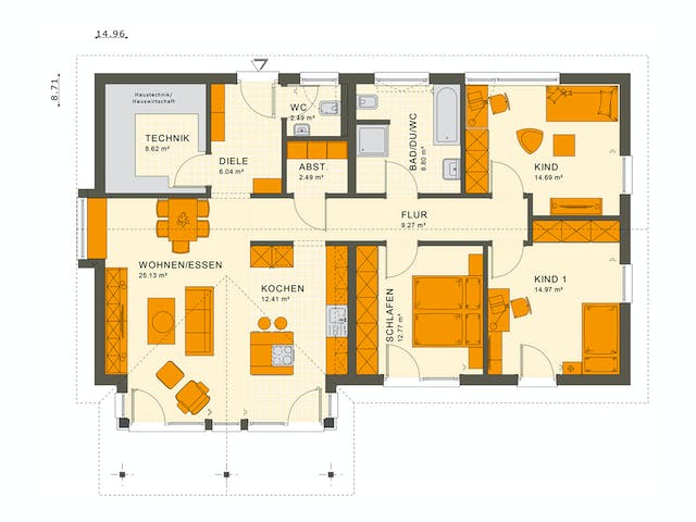 Fertighaus SOLUTION 110 V2 von Living Fertighaus Ausbauhaus ab 320325€, Bungalow Grundriss 1