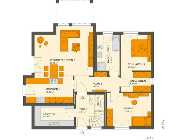 Fertighaus SOLUTION 204 V3 L von Living Fertighaus Ausbauhaus ab 489984€, Satteldach-Klassiker Grundriss 1