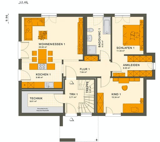 Fertighaus SOLUTION 204 V4 L von Living Fertighaus Ausbauhaus ab 456290€, Satteldach-Klassiker Grundriss 1