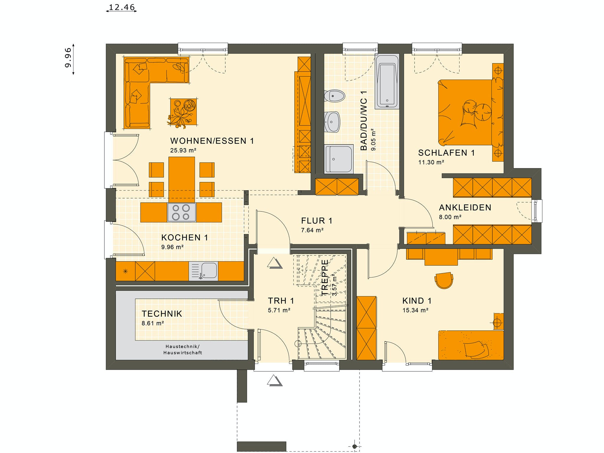 Fertighaus SOLUTION 204 V4 L von Living Fertighaus Ausbauhaus ab 456290€, Satteldach-Klassiker Grundriss 1