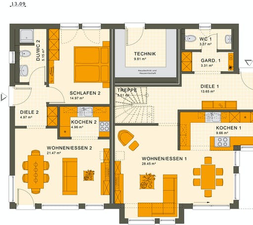 Fertighaus SOLUTION 230 V4 von Living Fertighaus Ausbauhaus ab 527126€, Satteldach-Klassiker Grundriss 1