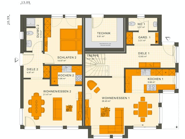 Fertighaus SOLUTION 230 V4 von Living Fertighaus Ausbauhaus ab 538329€, Satteldach-Klassiker Grundriss 1