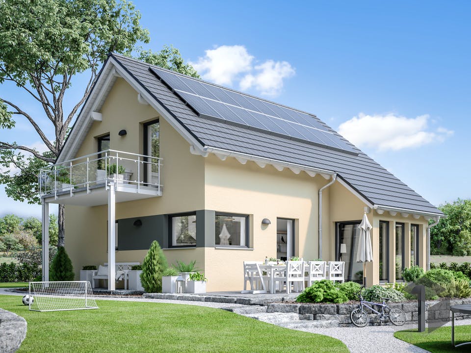 Fertighaus SUNSHINE 125 V2 von Living Fertighaus Ausbauhaus ab 286982€, Satteldach-Klassiker Außenansicht 1