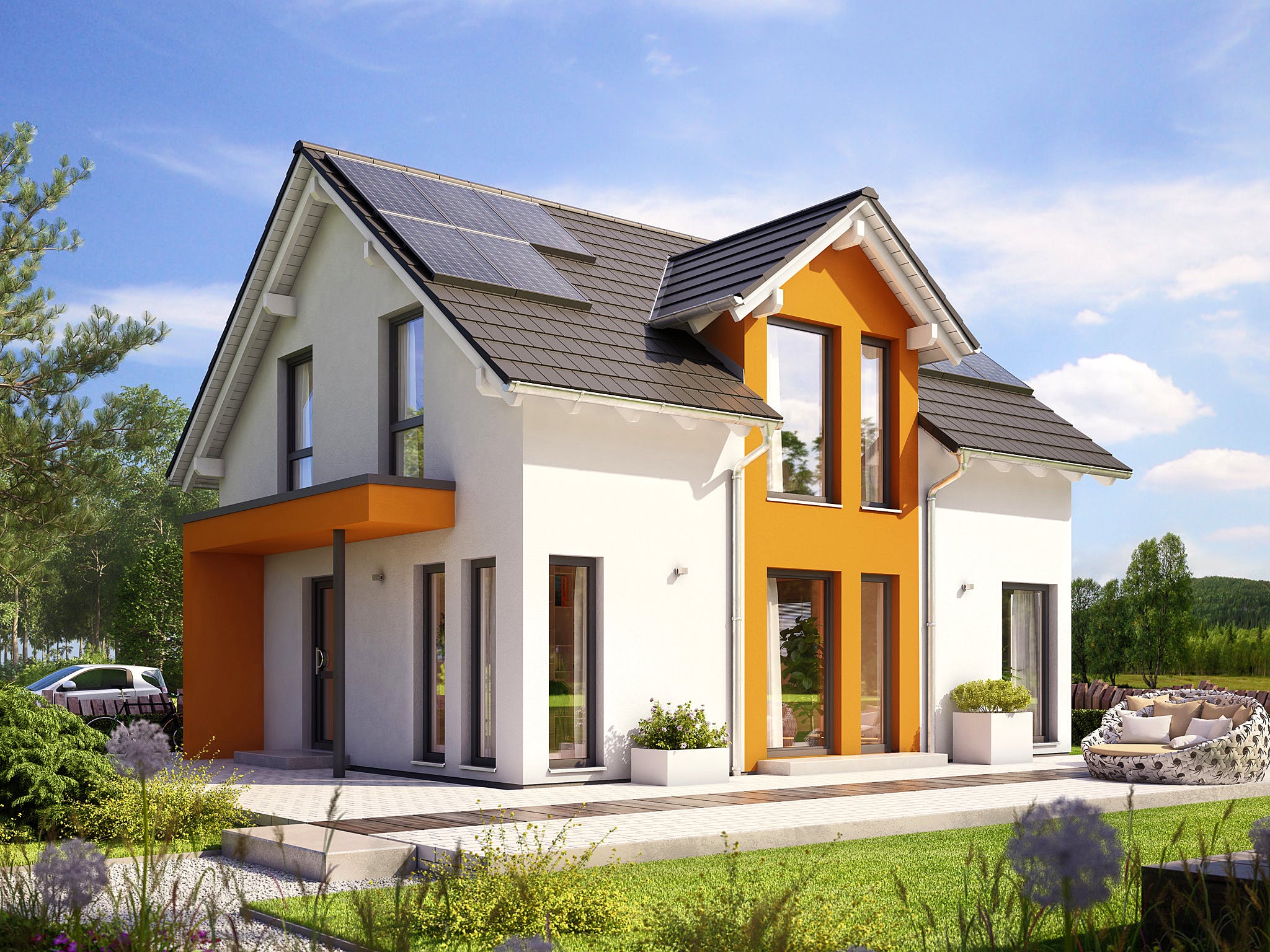 Fertighaus SUNSHINE 125 V3 von Living Fertighaus Ausbauhaus ab 287002€, Satteldach-Klassiker Außenansicht 1