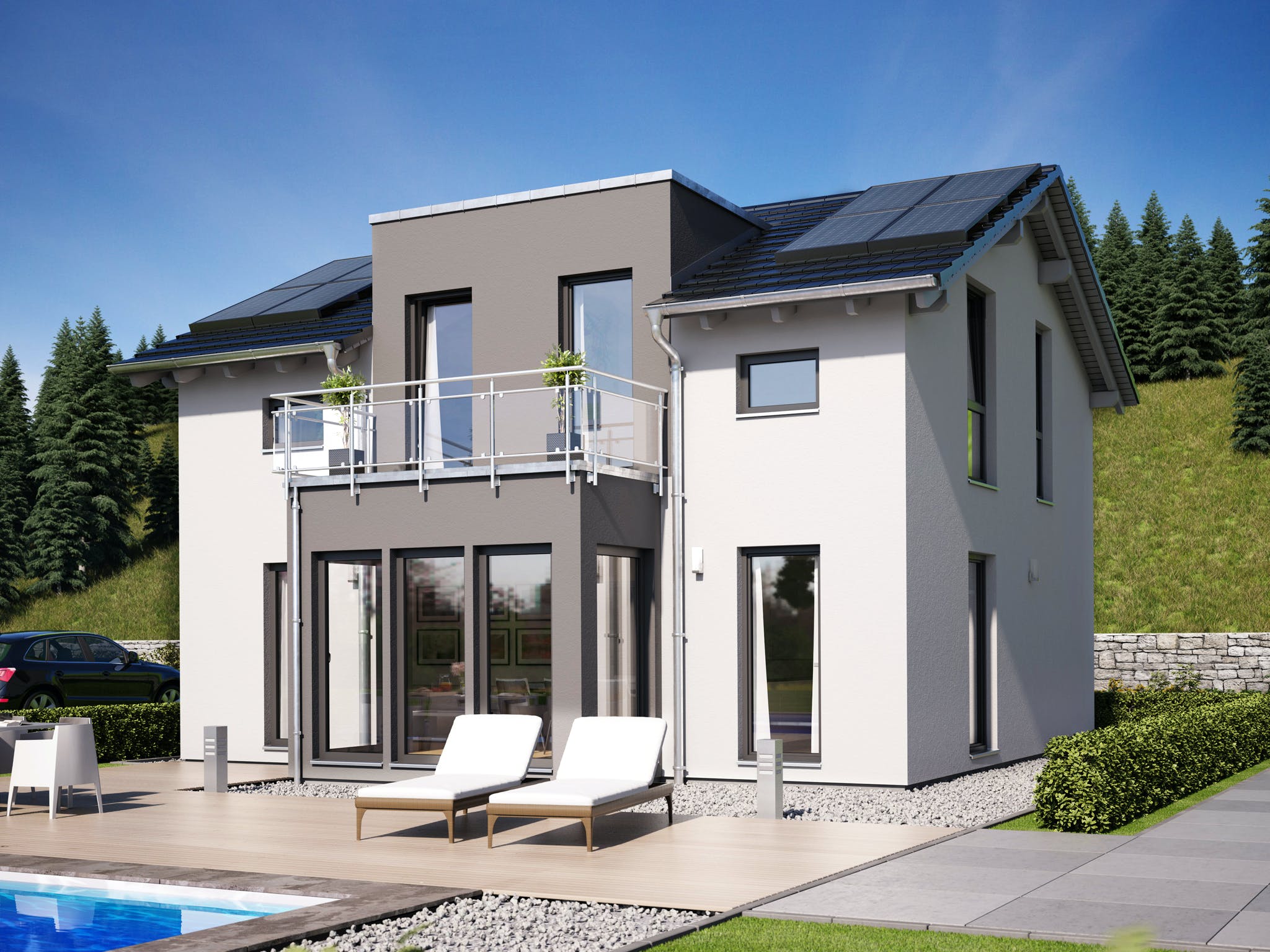 Fertighaus SUNSHINE 125 V4 von Living Fertighaus Ausbauhaus ab 286795€, Satteldach-Klassiker Außenansicht 1