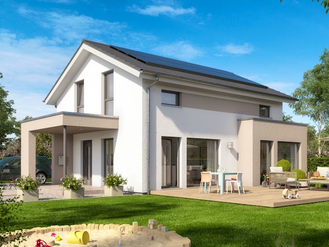 Fertighaus SUNSHINE 125 V5 von Living Fertighaus Schlüsselfertig ab 359958€, Satteldach-Klassiker Außenansicht 1