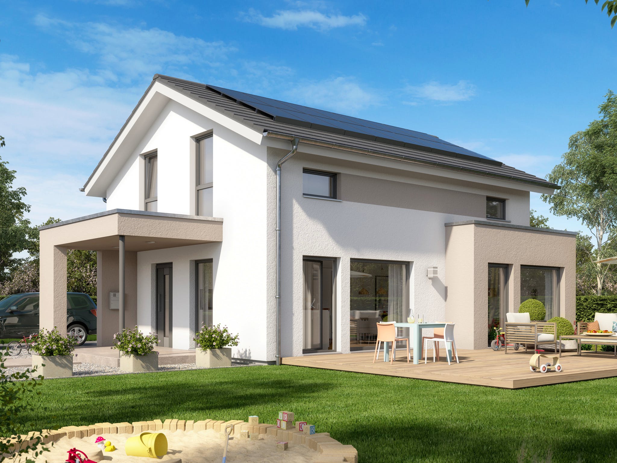 Fertighaus SUNSHINE 125 V5 von Living Fertighaus Ausbauhaus ab 286795€, Satteldach-Klassiker Außenansicht 1