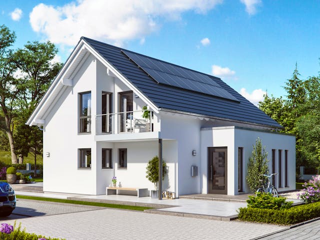 Fertighaus SUNSHINE 143 V2 von Living Fertighaus Schlüsselfertig ab 324068€, Satteldach-Klassiker Außenansicht 1