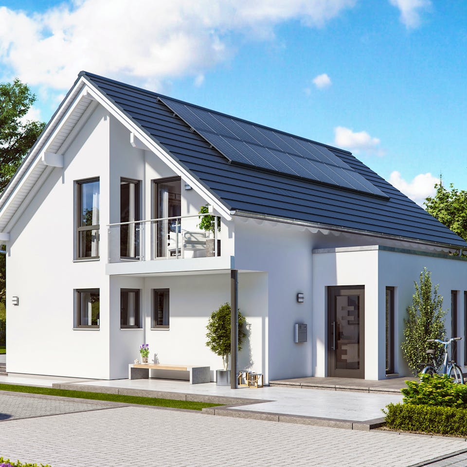 Fertighaus SUNSHINE 143 V2 von Living Fertighaus Schlüsselfertig ab 389531€, Satteldach-Klassiker Außenansicht 1