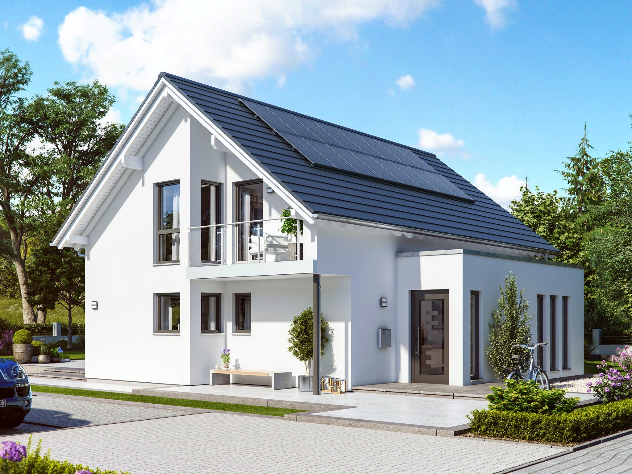 Fertighaus SUNSHINE 143 V2 von Living Fertighaus Ausbauhaus ab 307261€, Satteldach-Klassiker Außenansicht 1